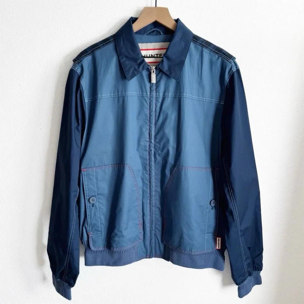 Hunter Jacket Mens Large‎ Blue Full Zip Rain Coat Utility Outdoor Retro Collared